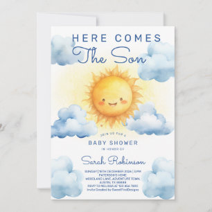 Invitation Voici venir le fils Baby shower garçon aquarelle