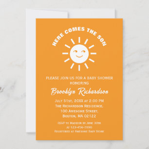 Invitation Voici venir le fils Soleil Orange Blanc Baby Showe