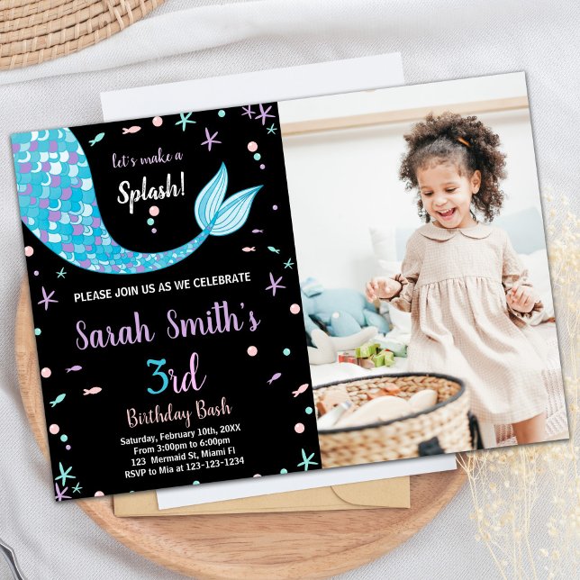 Invitation Voile de sirène verte noire Anniversaire avec phot (Black Green Mermaid Tail Birthday with photo Invitation)