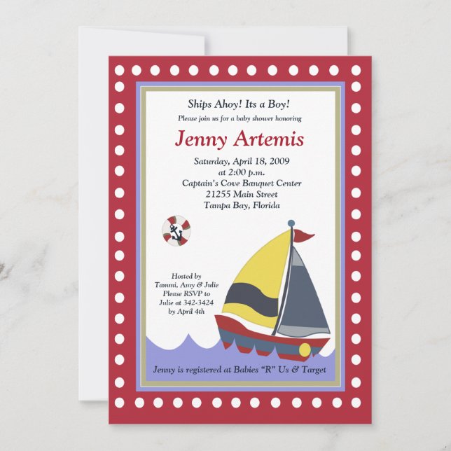 Invitation Voilier Bateau Baby shower nautique 5x7 (Devant)