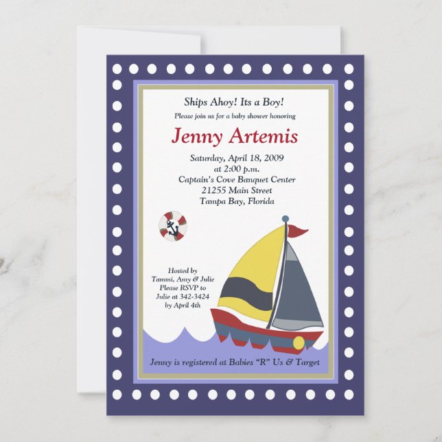 Invitation Voilier Bateau Baby shower nautique 5x7 (Devant)