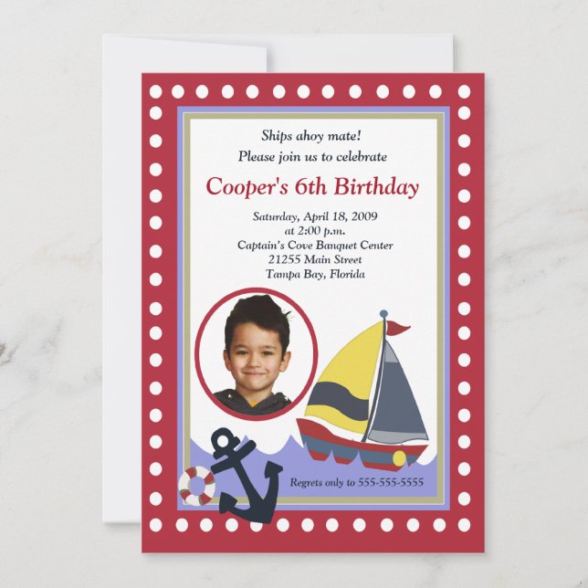 Invitation Voilier Bateau PHOTO Nautique 5x7 Anniversaire (Devant)