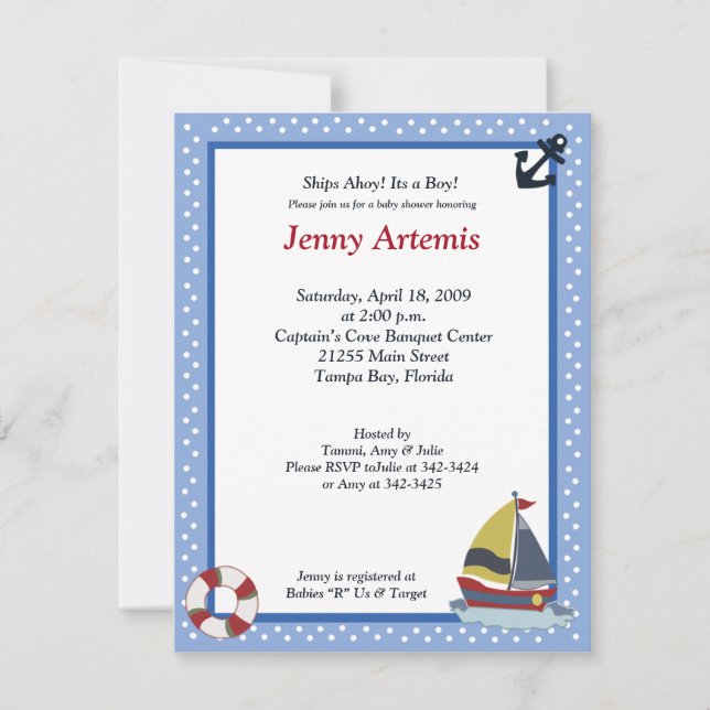 Invitation Voilier Voilier Bateau Baby shower 4x5 (Devant)