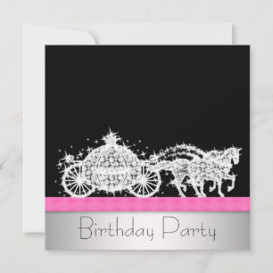Invitation Voiture à cheval Rose Noir Princesse Fête d'annive
