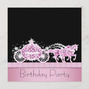 Invitation Voiture à cheval Rose Noir Princesse Fête d'annive