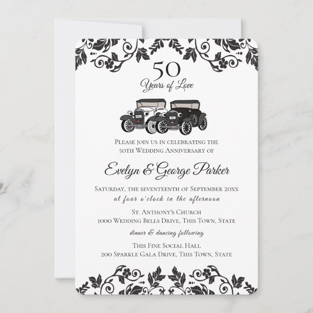 Invitation Voiture ancienne et 50e anniversaire de mariage Da (Devant)
