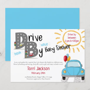 Invitation Voiture Baby shower Blue et ballons