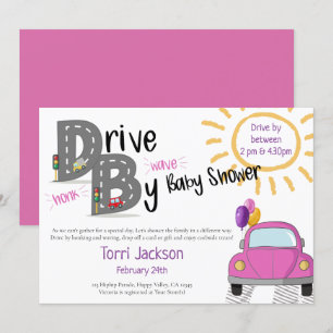 Invitation Voiture Baby shower rose et ballons