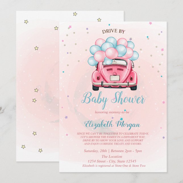Invitation Voiture Balloirs Conduite Par Baby shower (Devant / Derrière)