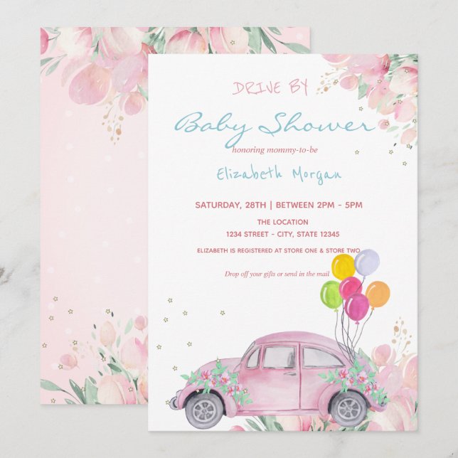Invitation Voiture Balloons Étoiles Floral Conduite Par Baby  (Devant / Derrière)
