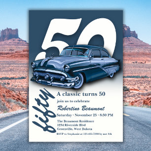 Invitation Voiture Bleue Classique de Voyage Fête son 50e Ann
