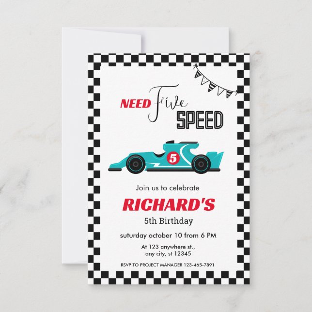Invitation Voiture Blue Race Anniversaire | Besoin de cinq vi (Devant)