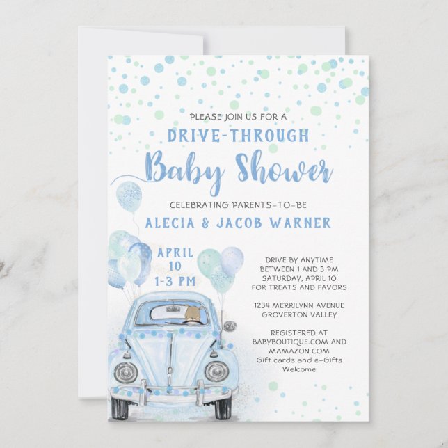 Invitation Voiture Boy Baby shower Blue (Devant)