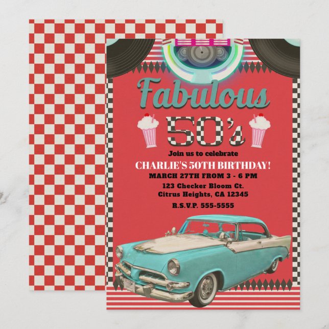 Invitation Voiture Classique Rétro Années 50 Fête 50 (Devant / Derrière)