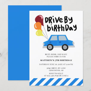 Invitation Voiture d'anniversaire mignon Bleu Ballons de voit