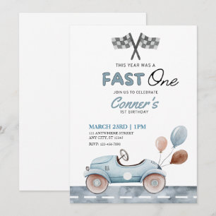 Invitation Voiture d'aquarelle Fast One et balons Premier ann