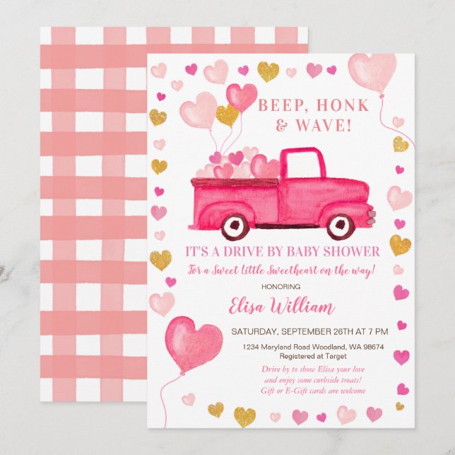 Invitation Voiture De Camion Pink Valentine Par Baby shower (Devant / Derrière)