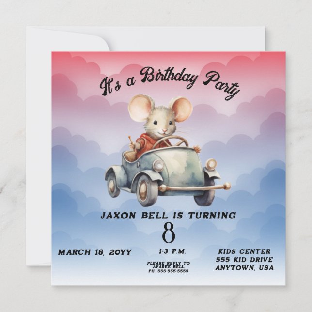 Invitation Voiture de conduite de la souris d'anniversaire de (Devant)