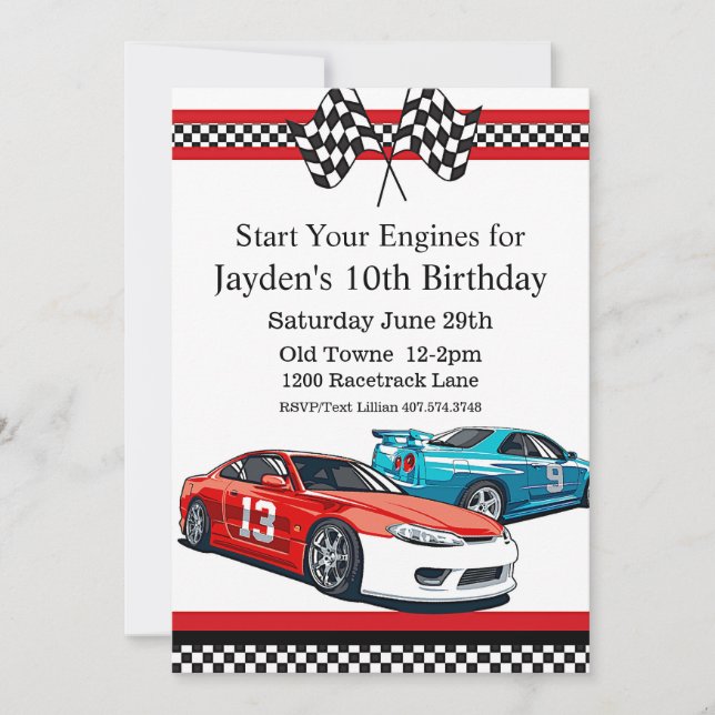 Invitation Voiture de course Anniversaire, 10e anniversaire I (Devant)