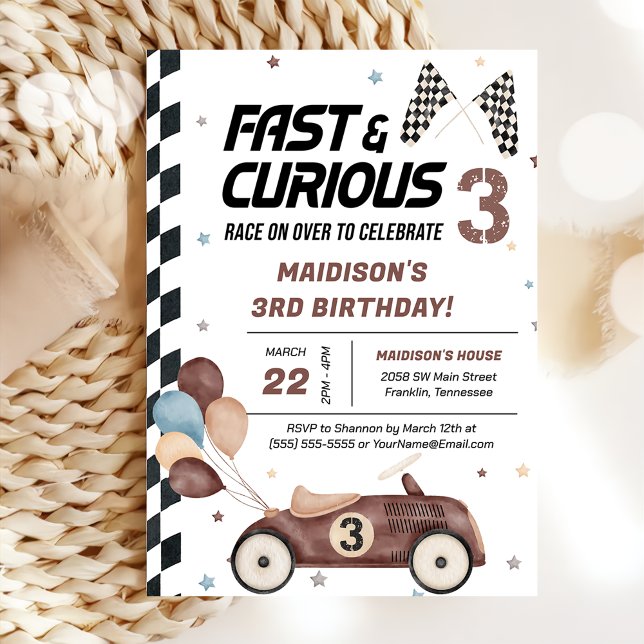 Invitation Voiture de course Brown rapide et curieux 3e fête  (Créateur téléchargé)