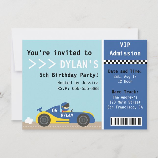 Invitation Voiture de course, fête d'anniversaire, billet d'e (Devant)