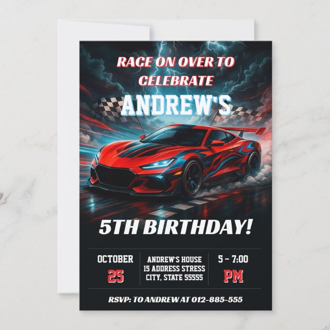 Invitation Voiture de course personnelle anniversaire de spor (Devant)