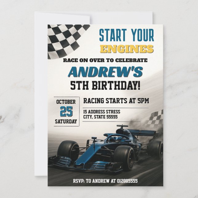 Invitation Voiture de course personnelle fête d'anniversaire  (Devant)