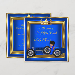 Invitation Voiture de course Prince Baby shower Blue Gold Boy