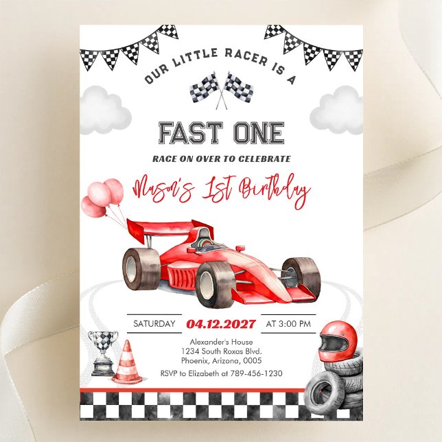 Invitation Voiture de course rapide rouge premier 1er garçon  (Créateur téléchargé)
