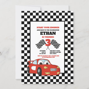 Invitation Voiture de course rouge à carreaux noir et blanc F