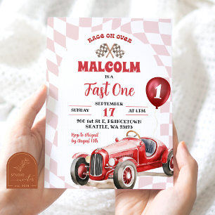 Invitation Voiture de course rouge rétro vintage pour 1er ann