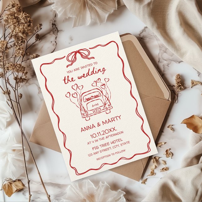 Invitation Voiture de Mariage à main rouge rétro (The wedding invitation hand illustrated quirky funky whimsical red hand drawn bow french vintage)
