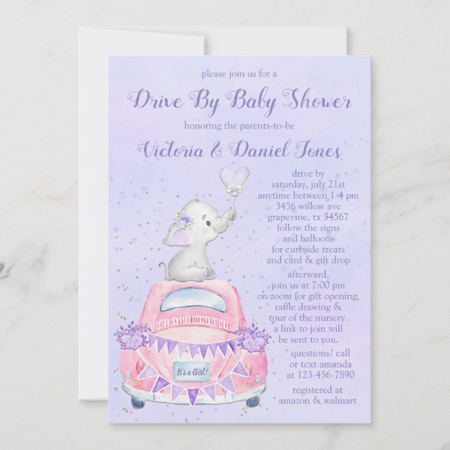 Invitation Voiture Eléphant Violet Girl Par Baby shower (Devant)