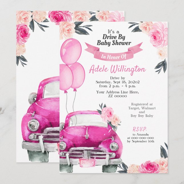 Invitation Voiture Floral Rose Roses Rustique Élégant (Devant / Derrière)