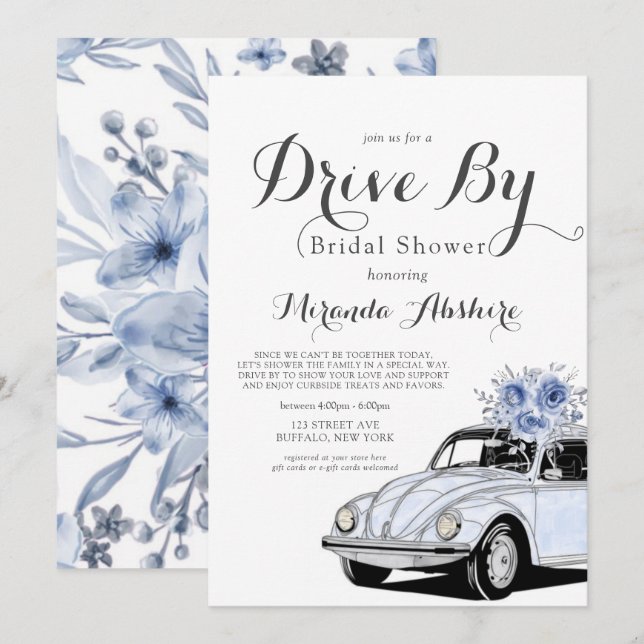 Invitation Voiture Florale Dusty Blue Grey En Fête des mariée (Devant / Derrière)