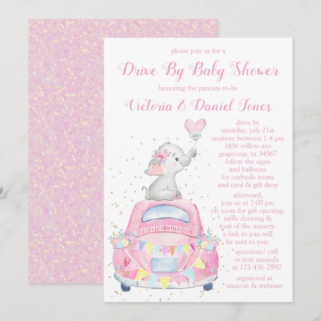 Invitation Voiture Girl Elephant Par Baby shower (Devant / Derrière)