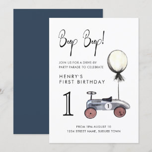 Invitation Voiture par 1er Anniversaire Parade Retro Blue Car