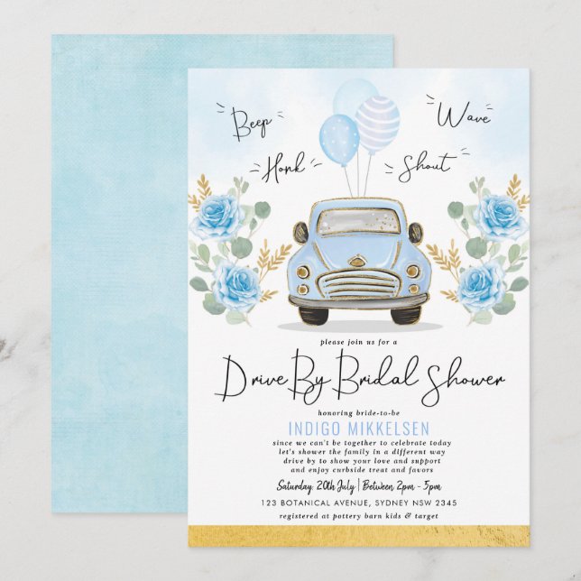 Invitation Voiture Rétro Dusty Blue Floral En Fête des mariée (Devant / Derrière)