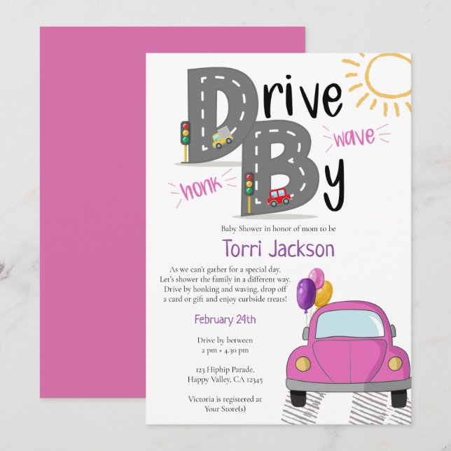Invitation Voiture rose Baby shower pour fille (Devant / Derrière)