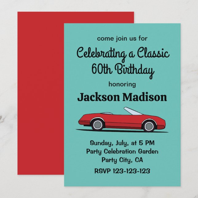Invitation Voiture rouge classique fête d'anniversaire (Devant / Derrière)