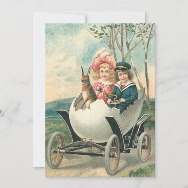 Invitation Voiture Victorian Cute Enfants Lapin Oeuf (Devant)