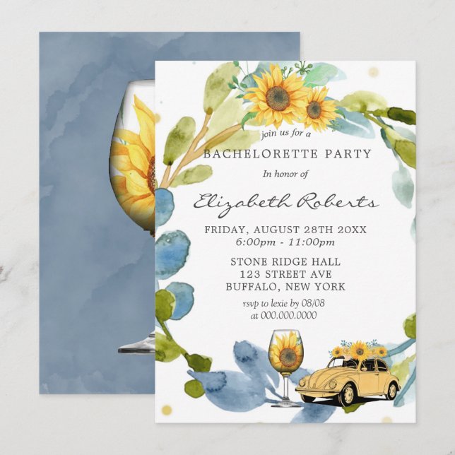Invitation Voiture Vintage Sunflower Bachelorette (Devant / Derrière)