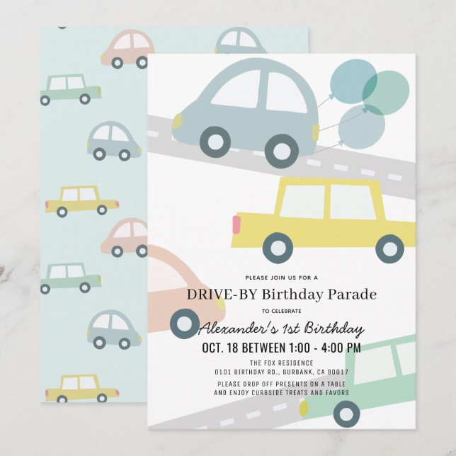 Invitation Voitures avec Ballons Blue Boy Drive by Birthday (Devant / Derrière)