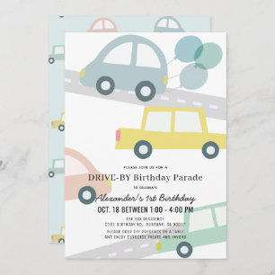 Invitation Voitures avec ballons Blue Boy Drive by Birthday