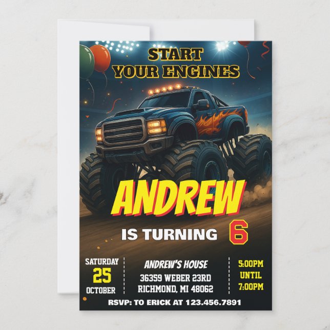 Invitation Voitures de Monster Truck personnalisées pour l'an (Devant)