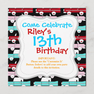Invitation Voitures Retro Vintage Rose Rouge Turquoise Bleu H