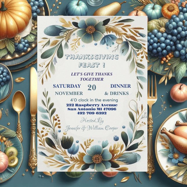 Invitation Volage botanique vert Fête d'action de grâces d'au (Green Botanical Foliage Autumn Thanksgiving Feast Invitation)