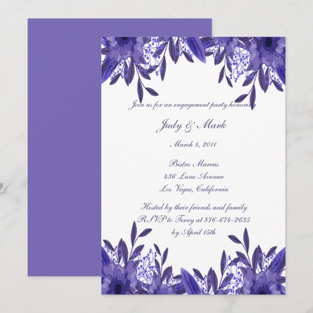 Invitation Volage Floral bleu pourpre Partie d'engagement (Devant / Derrière)