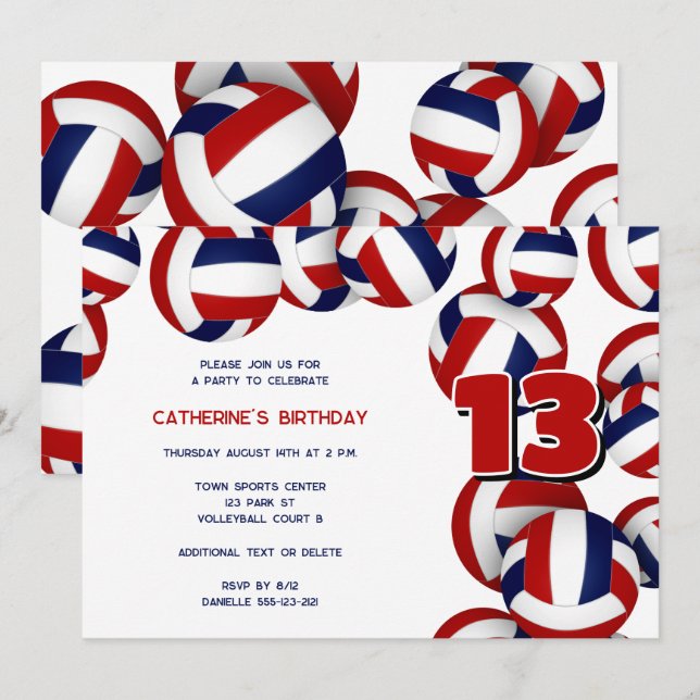 Invitation volley bleu rouge filles garçons fête d'anniversai (Devant / Derrière)