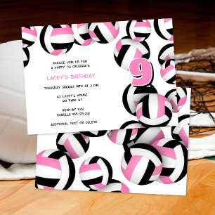 Invitation volley noir rose filles sports fête d'anniversaire